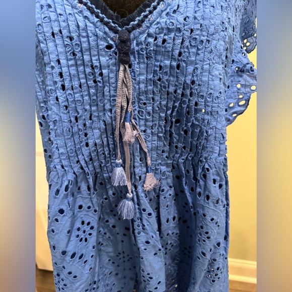 Poupette St Barth Blue Eyelet coverup with Tassels and pleating flutter sleeves - Picture 2 of 11